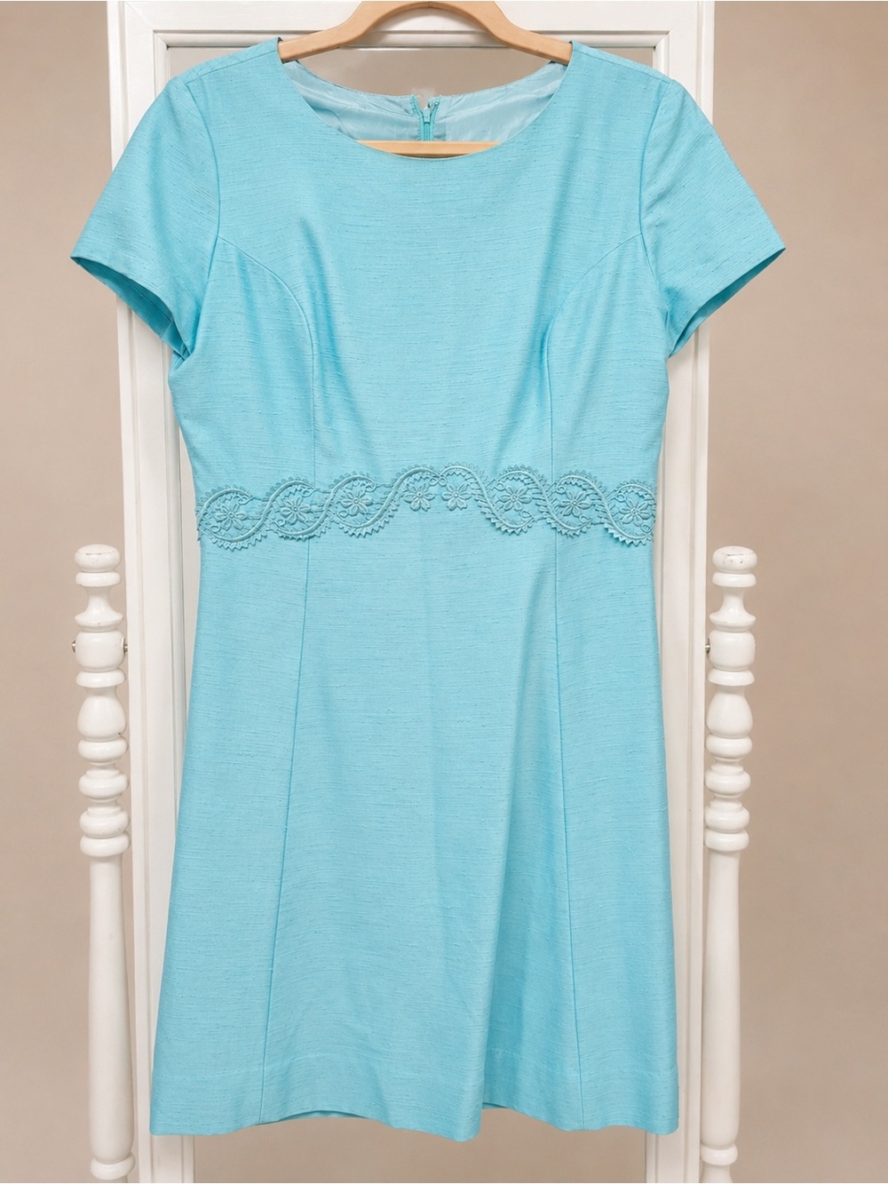 Vintage 1960s Aqua Silk Shift Dress w/ Embroidered Waist Trim | Union Made